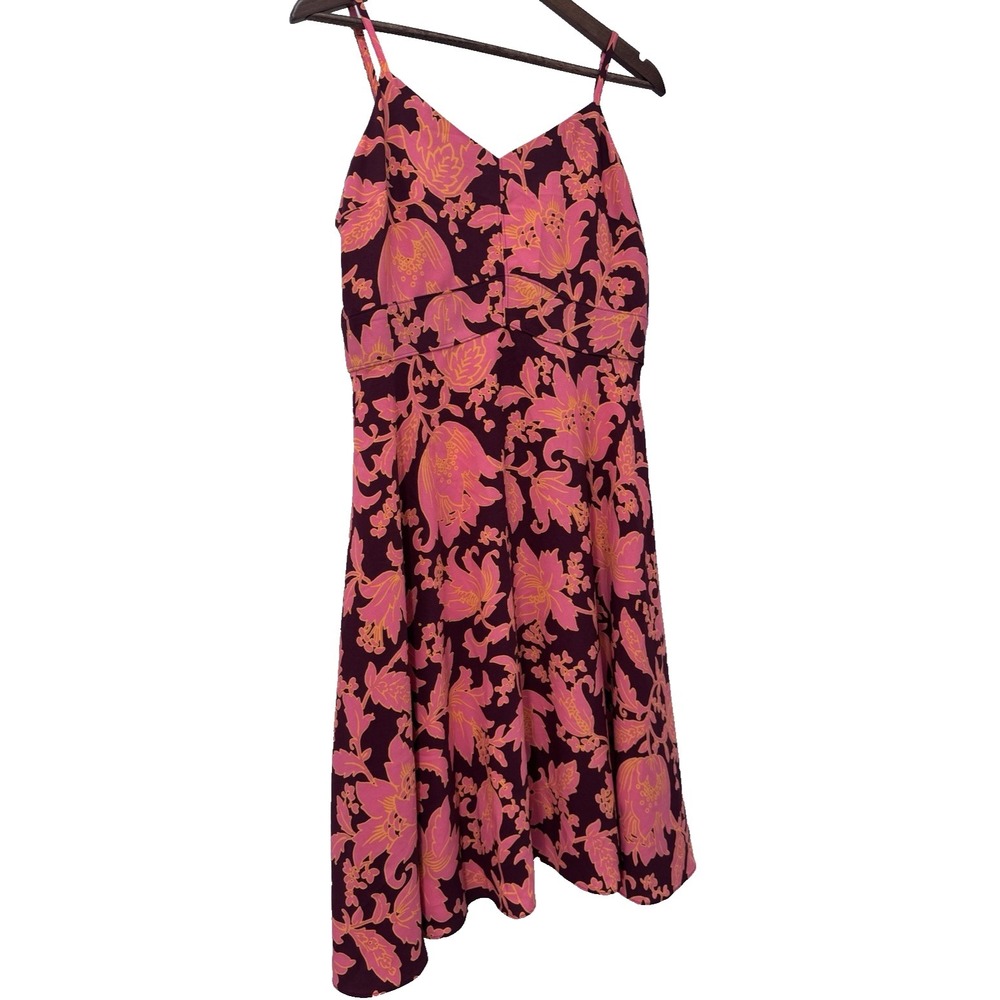 Loft Tropical Floral Fit & Flare Dress Pink Orange Burgundy 8 babydoll beach